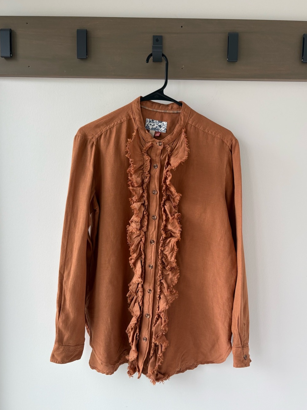 Pilcro Anthropologie Ruffle Fringe Blouse Burnt Orange Linen Size Small